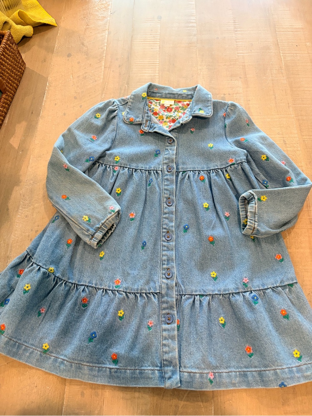 MB Girls' Blue Denim Embroidered Floral  Dress